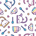 Kawaii tea cups and kettles seamless pattern cute pastel