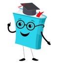 Kawaii textbook. Funny book character. Book of teacher and hat graduation and glasses. Cute textbook character, fun