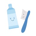 Kawaii toothbrush and toothpaste icon isolated on white background. Funny vector tooth care tool. Cute element for cleaning teeth Royalty Free Stock Photo