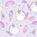 Kawaii unicorn sticker collection in pastel color. Cute doodle clip art for scrapbook. Unicorn cartoon sticker