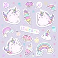 Kawaii unicorn sticker collection in pastel color. Cute doodle clip art for scrapbook.