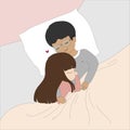 Kawaii Valentine`S Day. Lovely lovers girl and boy lying together in bed. Sweet and Cute catoon a couple in love sleeping on bed. Royalty Free Stock Photo