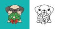 Kawaii Vector Christmas Pug Dog Illustration and For Coloring Page. Funny Kawaii Xmas Puppy.