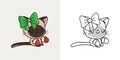 Kawaii Vector Christmas Siamese Cat Illustration and For Coloring Page. Funny Kawaii Xmas Mammal.