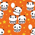 Kawaii vector panda seamless pattern pattern background. Cute black and white sitting cartoon bears with balloons and