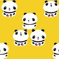 Kawaii vector panda seamless pattern pattern background. Trio of cute black and white sitting cartoon bears on yellow