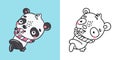 Kawaii Vector Xmas Panda Multicolored and Black and White. Beautiful Clip Art Christmas Bear.