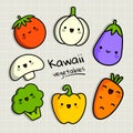 Kawaii vegetables collection. Tomato, garlic, carrot, pepper, mushroom, broccoli, aubergine icons. Cute cartoon Royalty Free Stock Photo