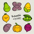Kawaii vegetables set. Beans, corn, peas, zucchini, potato, pumpkin, turnip, beet icons. Happy cartoon vegetables Royalty Free Stock Photo