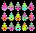 Kawaii water drops, raindrops, morning dew neon colors. Funny, cute, sweet emotions, smiles. Flat cartoon style. Element