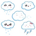 Kawaii weather cute clouds characters isolated on white background