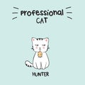 Kawaii white cat in with lettering professional cat. Vector anime japanese style illustration