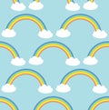 Kawaii white clouds, rainbow. Seamless pattern on blue background. Can be used for fabrics, wallpapers, websites. Vector