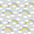 Kawaii white clouds, rainbow. Seamless pattern on grey background. Can be used for fabrics, wallpapers, websites. Vector