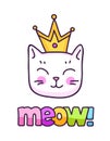 Kawaii white kitten in a golden crown. Cute cartoon character. Meow inscription. Royalty Free Stock Photo