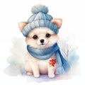 Kawaii winter puppy dog chihuahua, cute and smile, watercolor style, in a cute winter blue accessories on a white background.