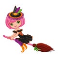 Kawaii Witch flying on broom. Cartoon vector illustration Royalty Free Stock Photo