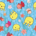 Kawaii yellow jellyfish seamless vector pattern background. Cute cartoon marine creatures background with transparent Royalty Free Stock Photo