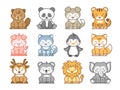 Kawaii zoo animals. Isolated lion, cartoon cat and puppy. Pastel emoticon cute wild animal. Baby mascot koala and