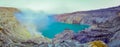 KAWEH IJEN, INDONESIA: Spectacular overview of volcanic crater lake with beautiful blue sky, tourists visible in the