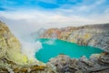 KAWEH IJEN, INDONESIA: Spectacular overview of volcanic crater lake with beautiful blue sky, tourists visible in the