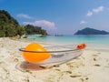 Kawthoung Province,Myanmar on April 6,2018:Transparent kayak for tourists on white sand beach of Flower Island