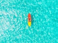 Kayak boat turquoise blue water sea, sunny day. Concept travel. Aerial top view