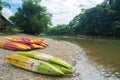 Kayak boats near Song river at Vang Vieng, Laos