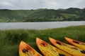 Kayak and canoe at Blue Lake or Lagoa Azul in Sete Cidades Sao Miguel Azores island Portugal Royalty Free Stock Photo