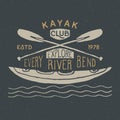 Kayak and canoe vintage label, Hand drawn sketch, grunge textured retro