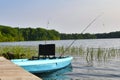 Kayak with fishing poles docked on Lake Sagatagan Royalty Free Stock Photo