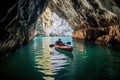 A kayak glides through a stunning cave, revealing a hidden underground lake of stunning beauty. Generative AI.