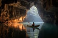 A kayak glides through a stunning cave, revealing a hidden underground lake of stunning beauty. Generative AI.