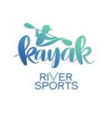 Kayak. Kayaker. Silhouette man holding paddle. RIVER SPORTS.