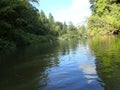 Kayak and kayakers in river with green trees