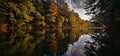 Kayak on mirror Lake state park fall colors caught in the rays of the setting sunreflecting in the water Royalty Free Stock Photo