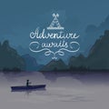 Kayak in a mountain lake. adventure awaits. logo