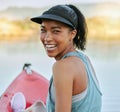 Kayak, nature and happy black woman relax on the water, boat and outdoor. Portrait of a person from New York smile on a Royalty Free Stock Photo