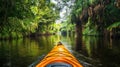 Kayak navigating through calm waters surrounded by lush greenery