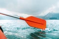 Kayak paddle close up image during early morning tour. Khao Sok national park, Cheow Lan lake, Thailand