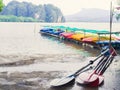 Kayak paddles and row of colorful fiberglass kayaks in the sea