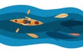 Kayak on the river with fishes top view