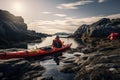 Kayak on the rocky shore of the sea in the early morning, Red kayak and man camping on coastal rocks, AI Generated