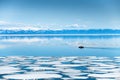 Kayak sailing between ice floes on the lake