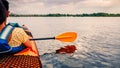 Kayak sails on a beautiful river Royalty Free Stock Photo