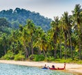 Kayak on sunny tropical beach with palm trees