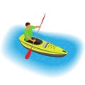 Kayaker character paddling on a kayak. Sports traveling man with paddle boating on canoe through river or sea. Royalty Free Stock Photo