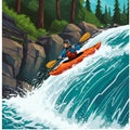 Kayaker descending a waterfall in a dynamic scene within a forest setting. The Royalty Free Stock Photo