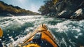 Kayaker experiences adrenaline rush as they navigate a white-water rapid on the river