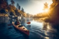 Kayaker man travelling by kayak on the river in a sunny day. Rear view of people in a kayak paddling along a river. Generative AI